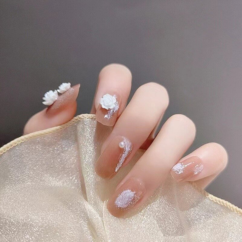 Fake Nails Sets Press on Ballet False Nails with Flower Designs Removable Acrylic Artificial Nails Glitter Nails Art Long Tips