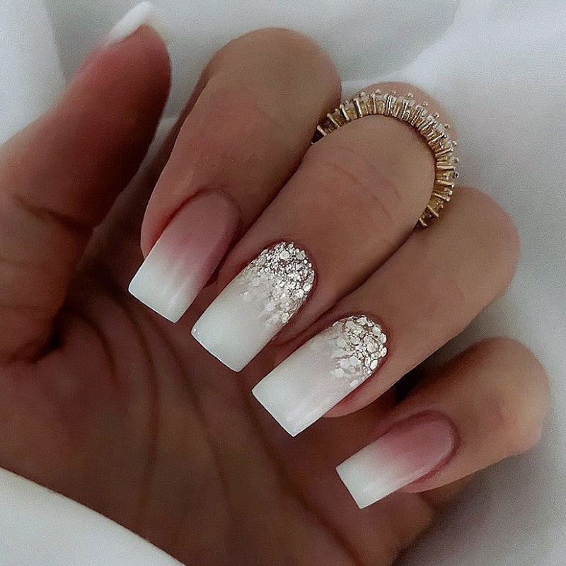 24Pcs Simple False Nails with White Edged Designs Long Ballerina Fake Nails Wearable Coffin French Nails Tips Press on Nails