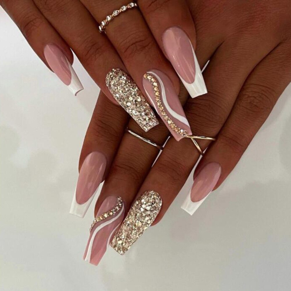 24Pcs Extra Long Ballet False Nails with Rhinestone Acrylic Square Head Fake Nails Heart-shaped Designs Wearable Press on Nails