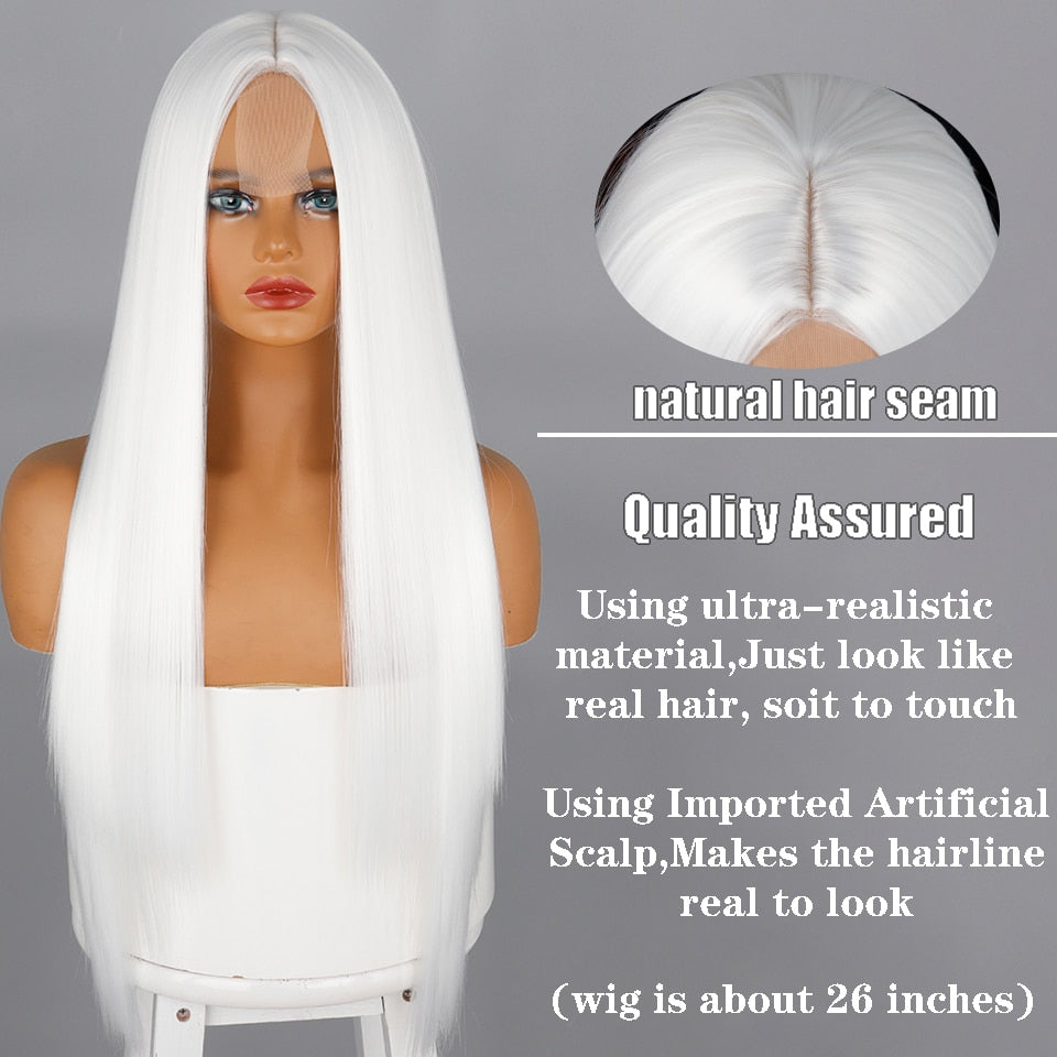 Long Straight White Natural Wigs Middle Part Heat Resistant Synthetic Wigs Suitable for African Women Daily Cosplay Halloween Wig