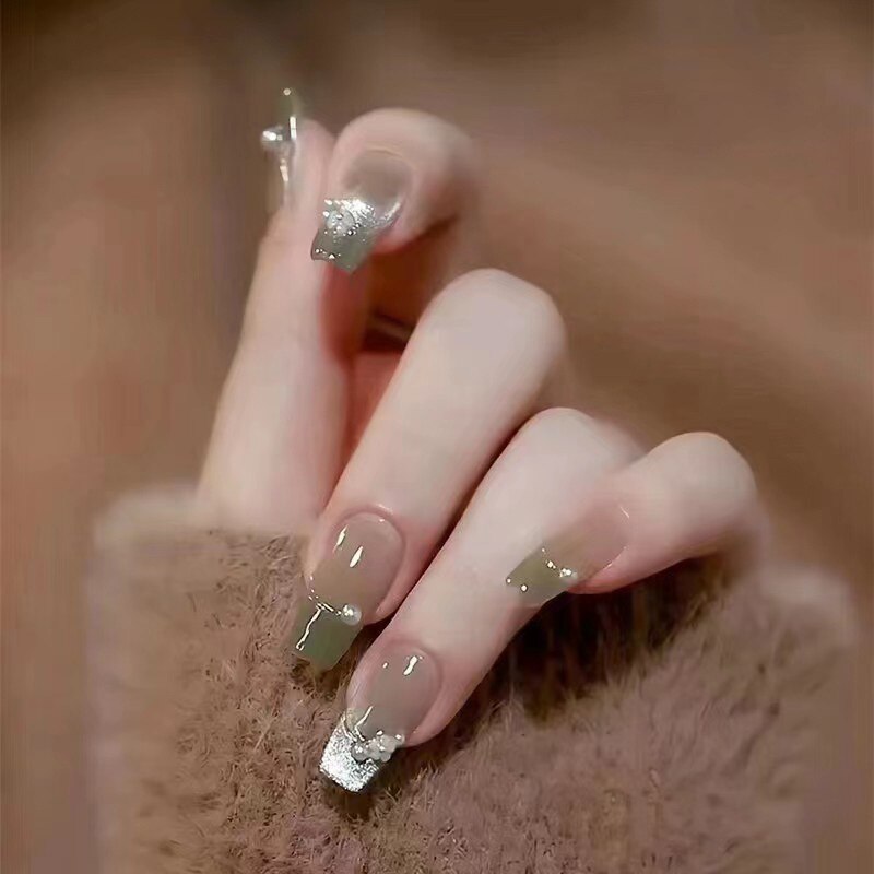 24pcs Bridal Nail Art tips with design press on nails long false nails glue coffin nail tips Rhinestones Glitter stick on nails