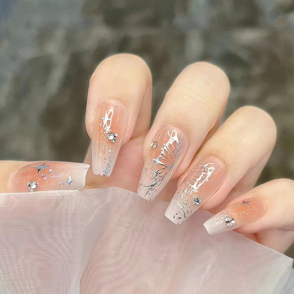 24Pcs Ballerina Long Square Nail Tips False Nails Wearable Fake Nails Butterfly Camellia Flower Pearl Design Press on Nails