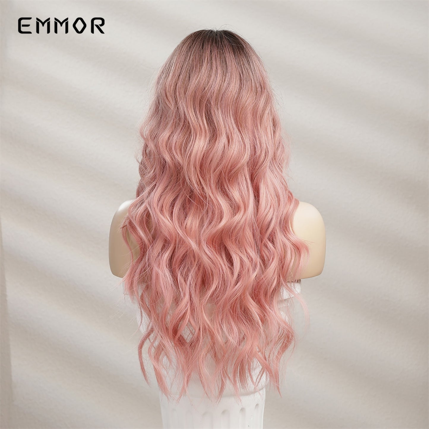 Synthetic Long Wavy Wigs with Bangs for Women Cosplay Natural Ombre Black to Pink Hair Wig High Temperature Fiber