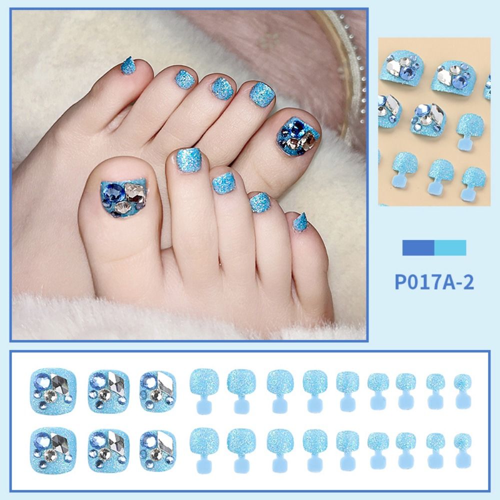 Artificial Toenails Glitter Rhinestones Sequins Fake Toenails Full Cover Short Square Toe Nails Foot Nails Tips for Women Girls