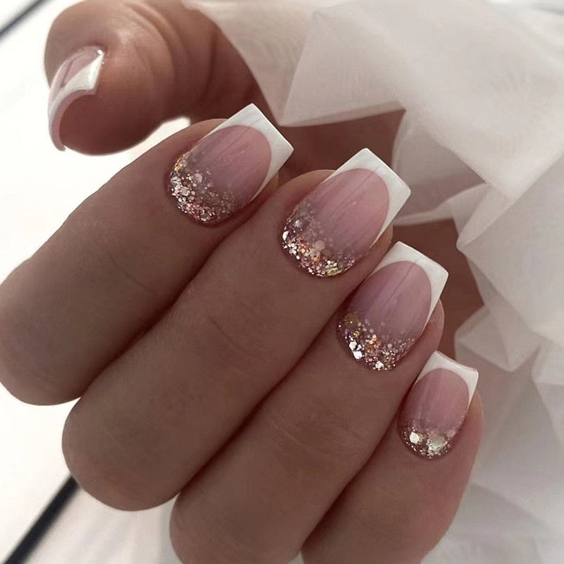 24Pcs White Long Coffin False Nails Glitter Ballet Wearable with French Design Fake nails Full Press on Nail Ins Nail Tips Art