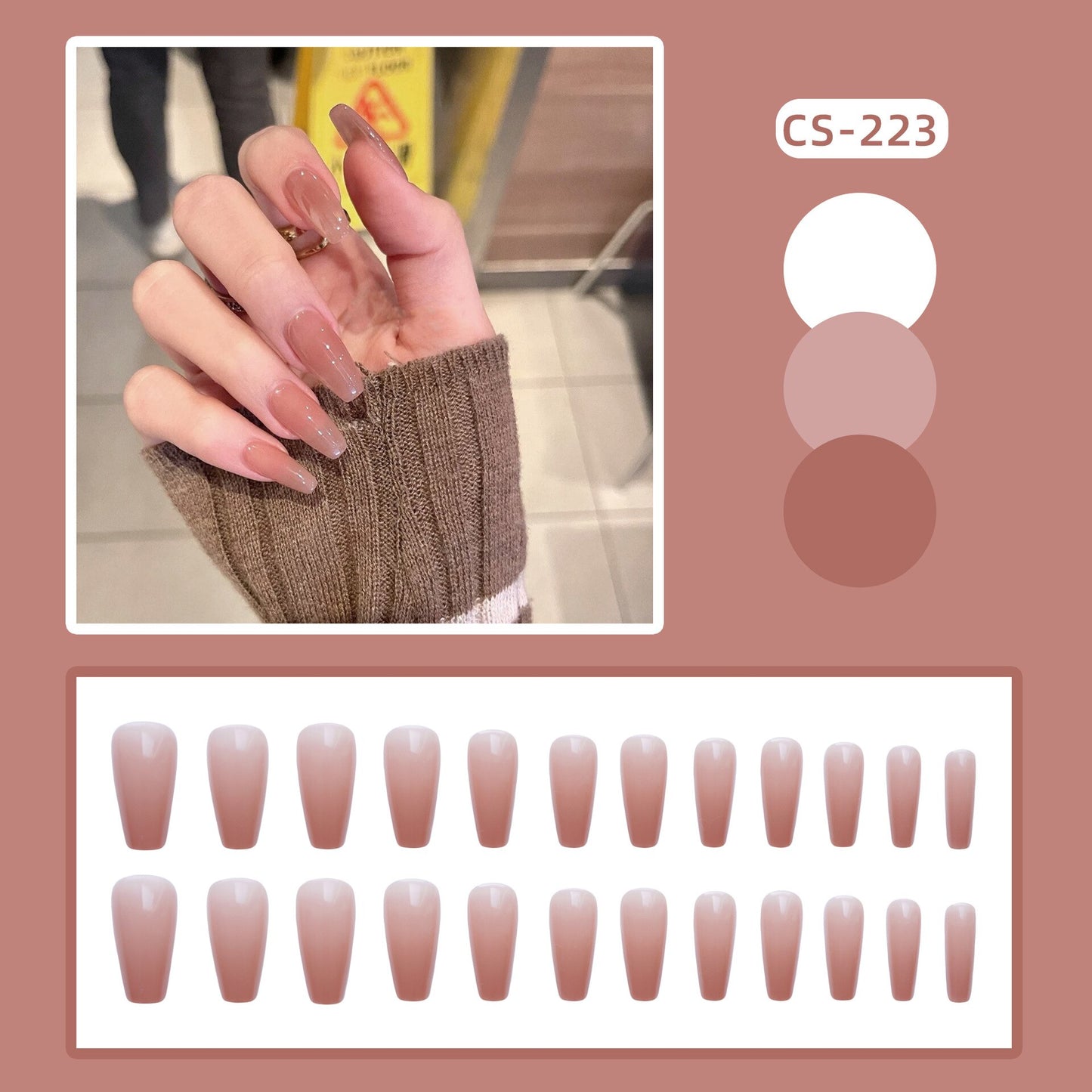 24PCS Khaki Nude Press On False Nails Tips Long Ballerina Pure Color Acrylic Fake Nails Coffin Full Cover Nail With Glue Designs