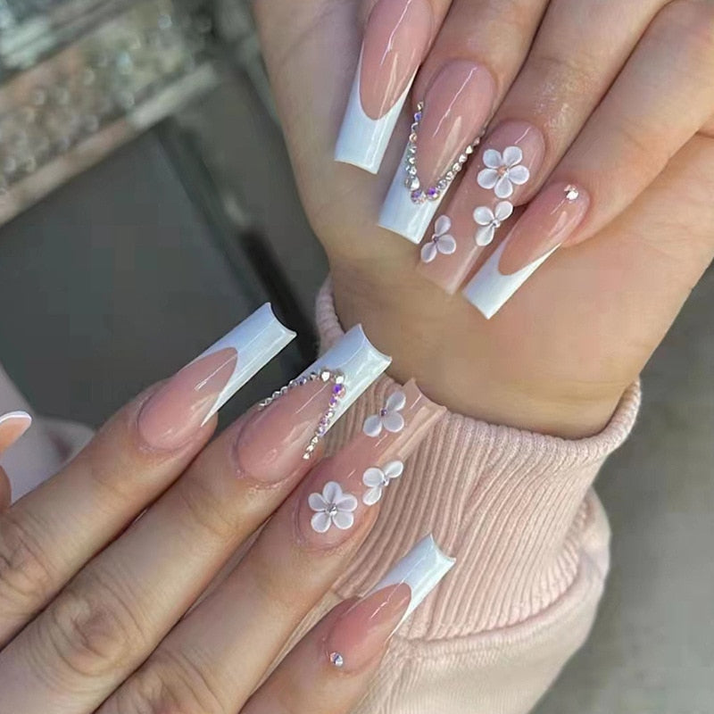 24Pcs Long Ballet False Nails with Glue Gradient White Flower Press on Nails with Rhinestone Wearable Coffin Fake Nail Manicure