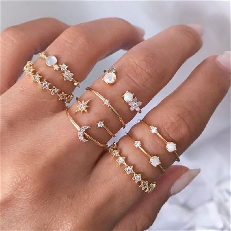 6pcs/set Luxury Green Rhinestone Rings for Women Vintage Crystal Snake Adjustable Metal Ring Set Jewelry