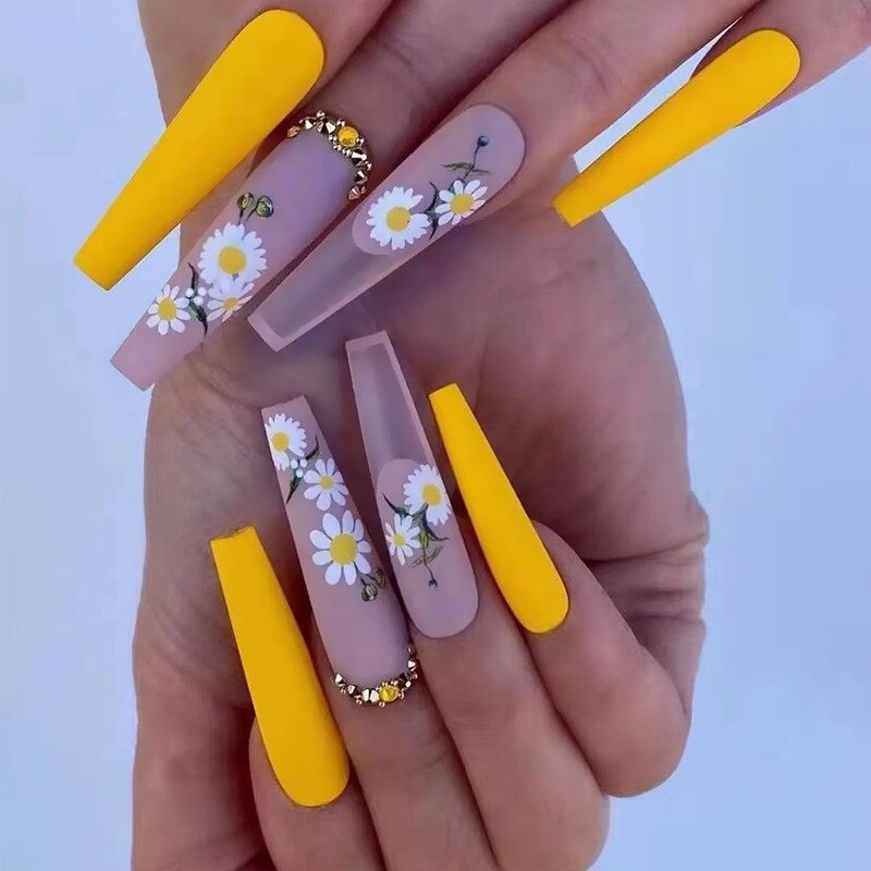 24Pcs Yellow False Nails Long Coffin Flower Butterfly with Rhinestones French Design Wearable Fake Nails Press on Nails Tips