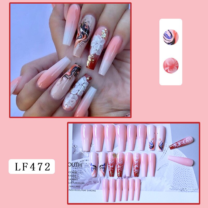 24Pcs/Box Sweet Long Round/Square Head False Nail Art Full Cover Detachable Artificial Y2k Fake Nails Ballerina Press on Nails