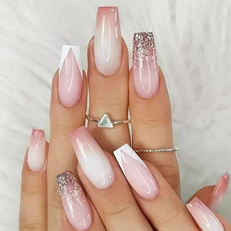 24pcs wearable french gradient pink white press on nails coffin ballet simple classic french artificial fake nails with glue