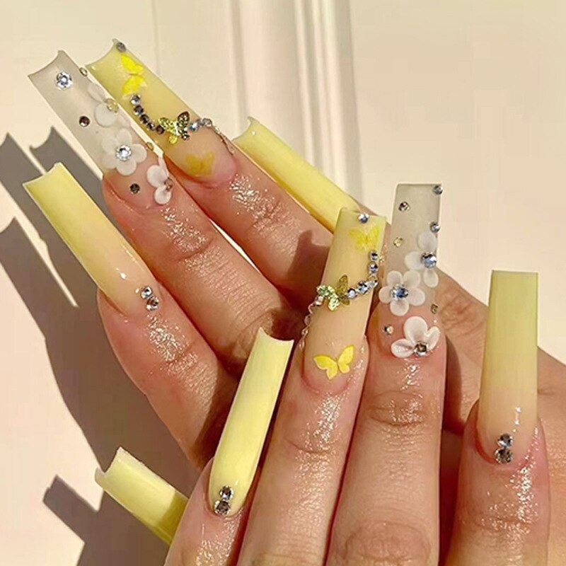 24Pcs Yellow False Nails Long Coffin Flower Butterfly with Rhinestones French Design Wearable Fake Nails Press on Nails Tips