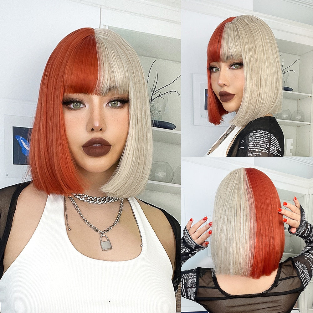 Blonde Red Short Bob Wig Synthetic Wig For Women With Bangs Lolita Cosplay Party Natural Hair Heat Resistant Fiber Wigs