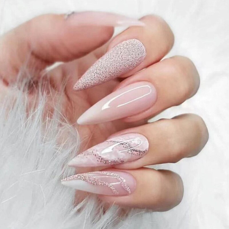 24pc Wearable Fake nails with glue gradient nude powder design artificial nails short false nail broken drill pink press on nail