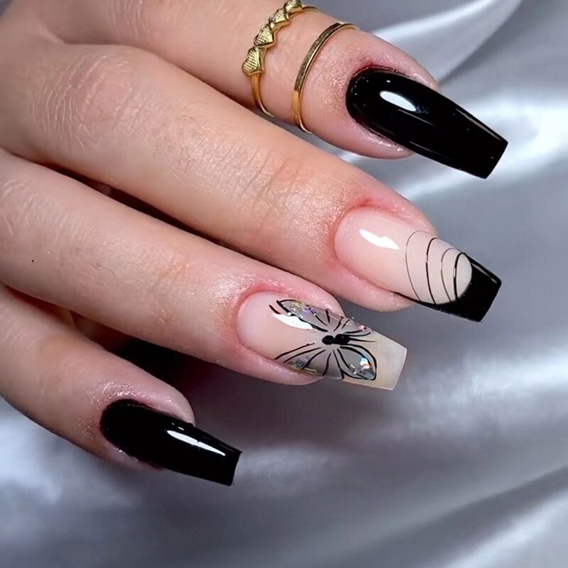 24Pcs Coffin False Nails Purple Butterfly Designs Fake Nails with Shiny Rhinestone Wearable French Full Cover Press on Nails