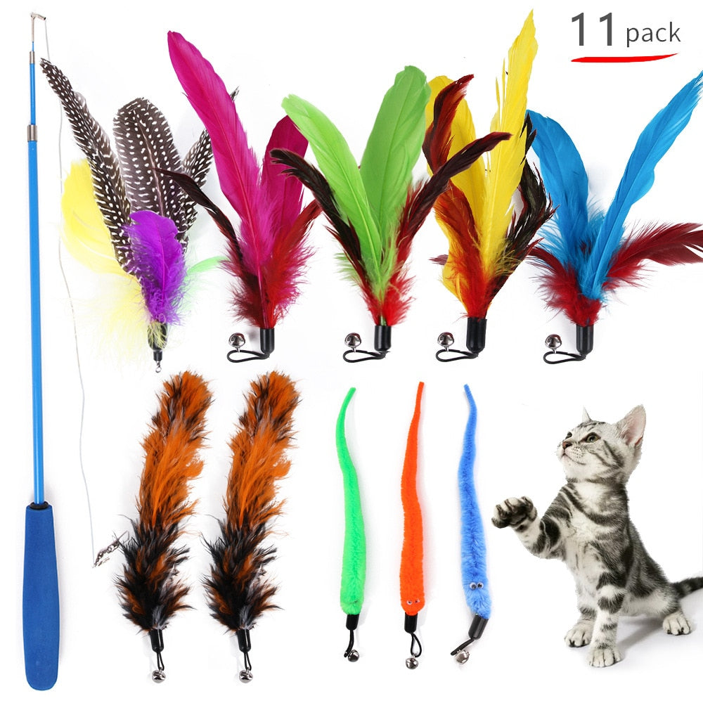 11Pcs Retractable Cat Feather Toy Set Retractable Cat Wand Toys and Replacement Teaser with Bell Refills Cat Toy for Indoor Cats