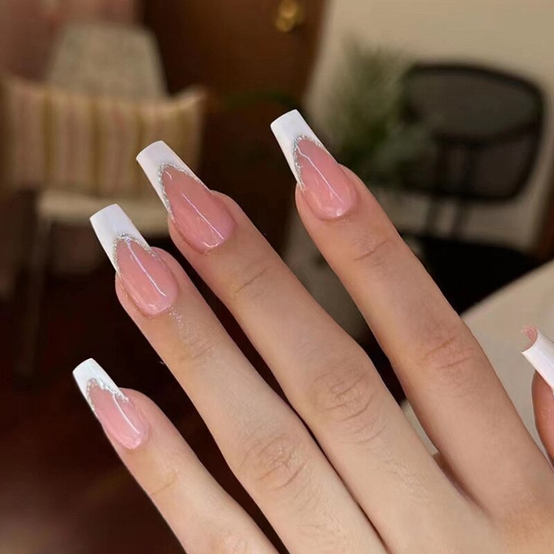 24Pcs Simple False Nails with White Edged Designs Long Ballerina Fake Nails Wearable Coffin French Nails Tips Press on Nails