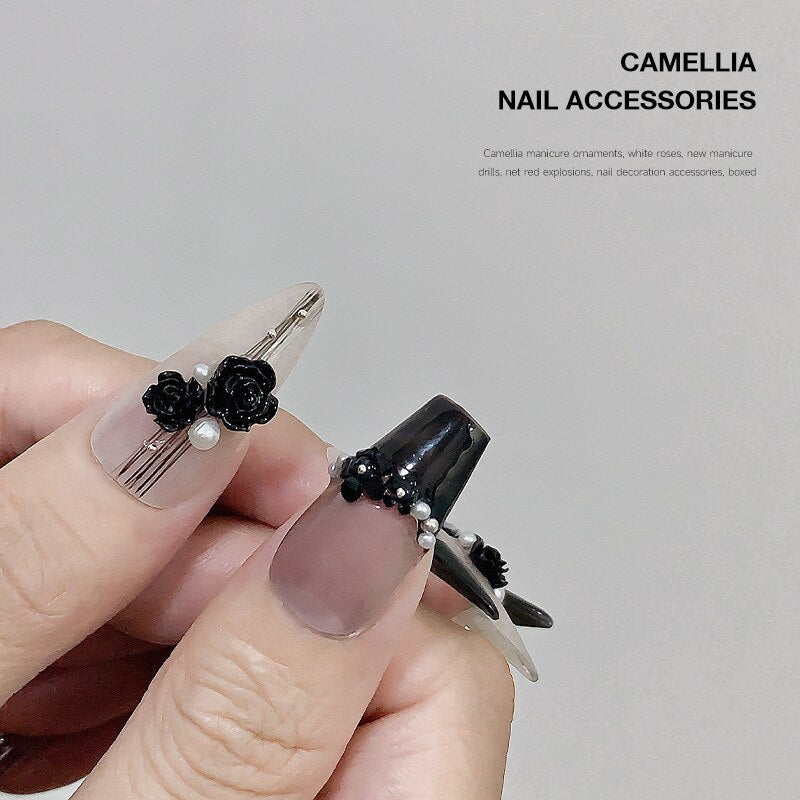 1 box Manicure Black Camellia Nail parts Butterfly Flower Mixed Pearl Jewelry Flat Shaped Diamond Dark Rose Style Nail