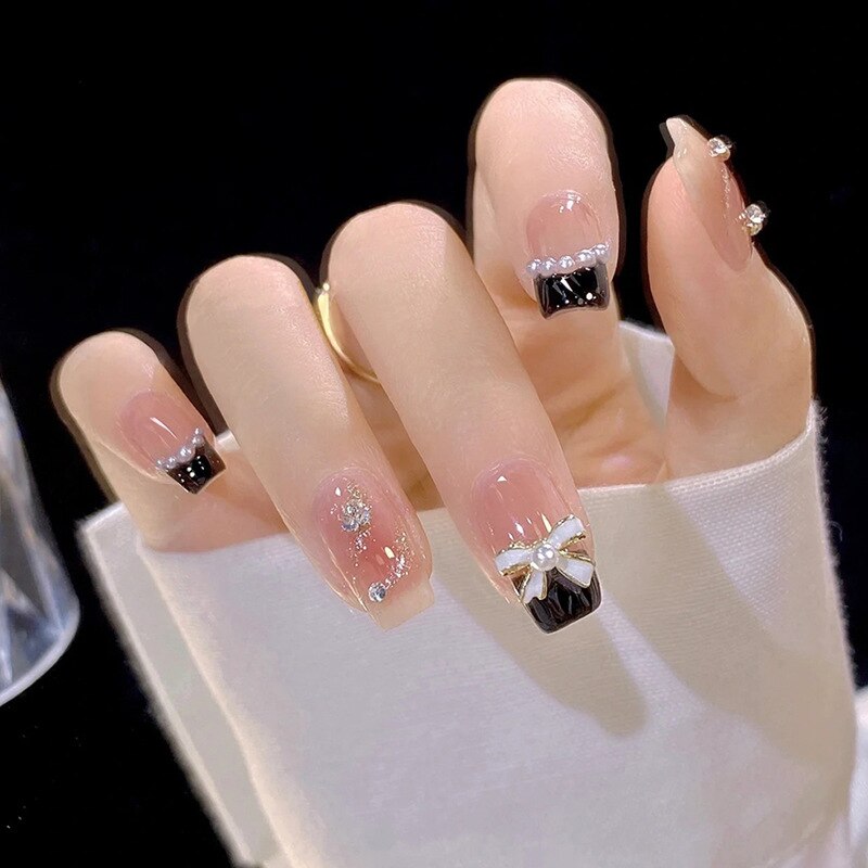 24Pcs Black Bow Detachable Fingernails Ballerina Wearable Fake Nails Press on Square Head False Nails Full Cover Nail Tips