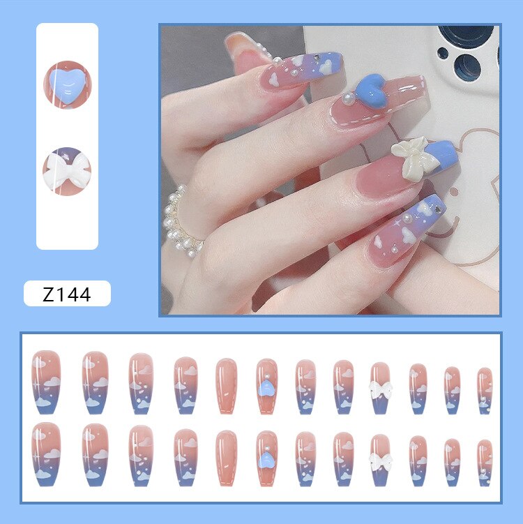 24Pcs/Box Cherry False Nails Pink with Glue Short Ballerina Wearable Fake Nails Acrylic Art Full Cover Press on Nails Tips