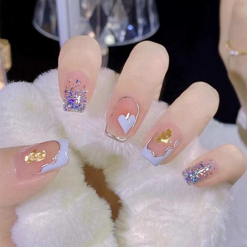 24pcs Wearable korean press on nails short ballet Artificial Nails with glue Cute sweet cool Pearl diamond Designs Fake Nails