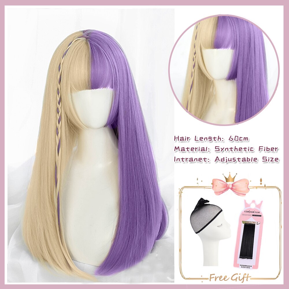 Cosplay Purple Blue High Gloss Bangs Synthetic Long Curly Hair Wig Lolita Women Heat-resistant Wig