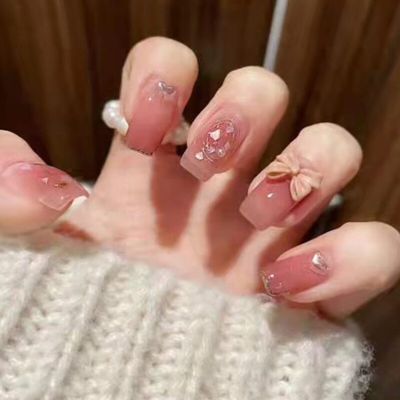 24Pcs/Box Cherry False Nails Pink with Glue Short Ballerina Wearable Fake Nails Acrylic Art Full Cover Press on Nails Tips