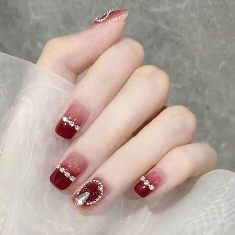 24Pcs/Box Cherry False Nails Pink with Glue Short Ballerina Wearable Fake Nails Acrylic Art Full Cover Press on Nails Tips