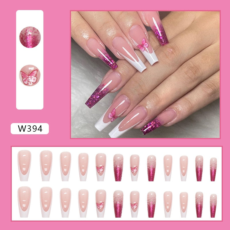 Long Ballet False Nails Solid Color Simple Waterproof French Gradient Glitter Purple Pink Cute Butterfly Wearable Nail With Glue