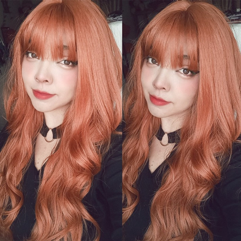 Ginger Orange Synthetic Wigs for Black Women Long Wavy Wigs with Bangs Cosplay Colored Hair Heat Resistant Body Wave Party Wig