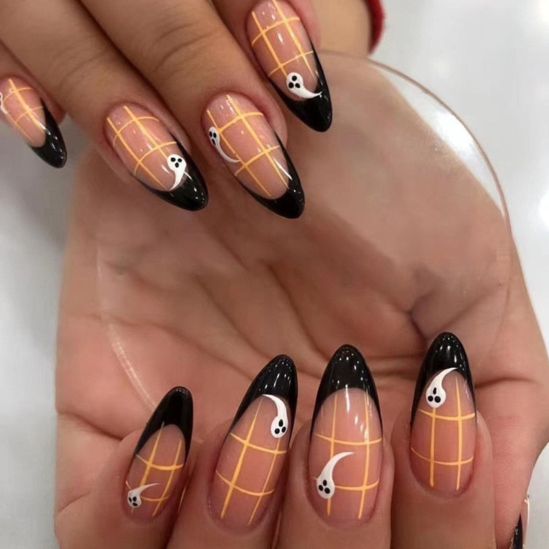 24Pcs Halloween Long Stiletto False Nails Almond Fake Nails with Ghost Design Press on Nails Wearable Full Cover Manicure Tips