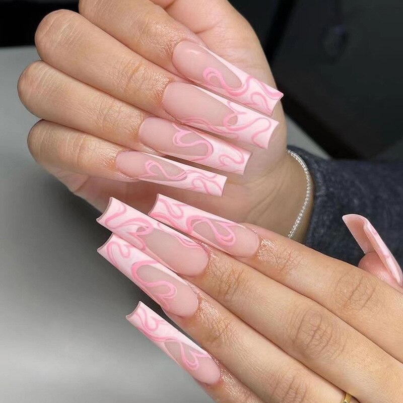 24Pcs Long French False Nails with Glue Pink Flower Design Fake Nails Wearable Ballerina Press on Nails Full Cover Manicure Tips