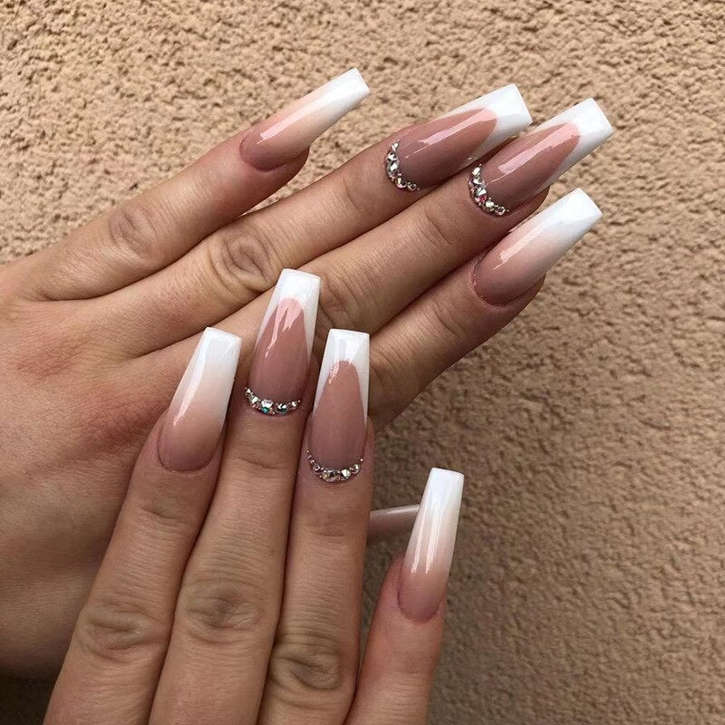 24Pcs Long Coffin White French False Nails Ballerina with Rhinestones Wearable Fake Nails Art Full Cover Press On Nails Tips