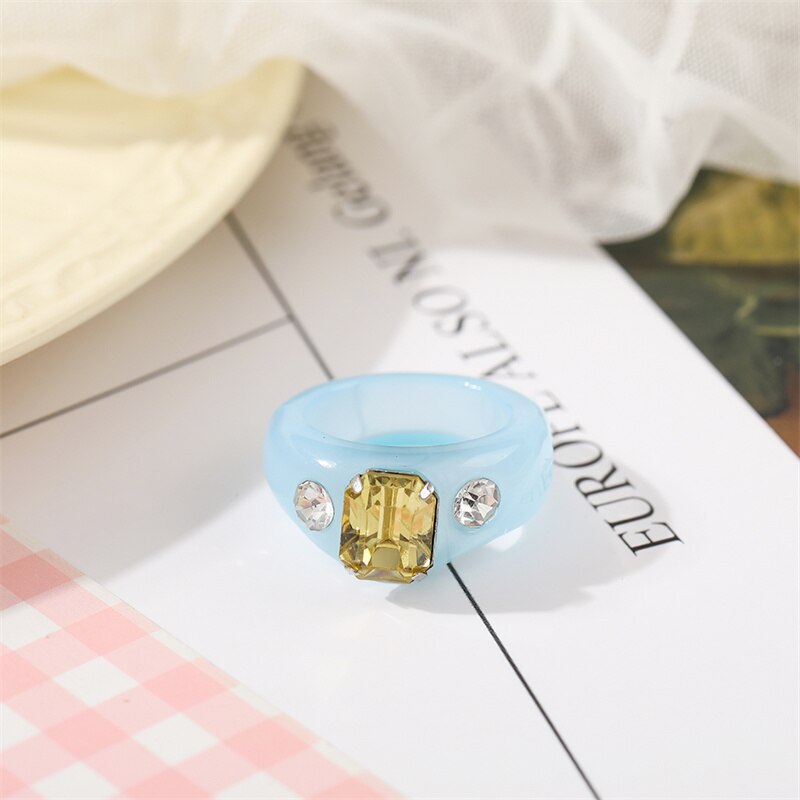 Colorful Transparent Resin Acrylic Crystal Rhinestone Simple Geometric Square Round Rings Set Jewelry