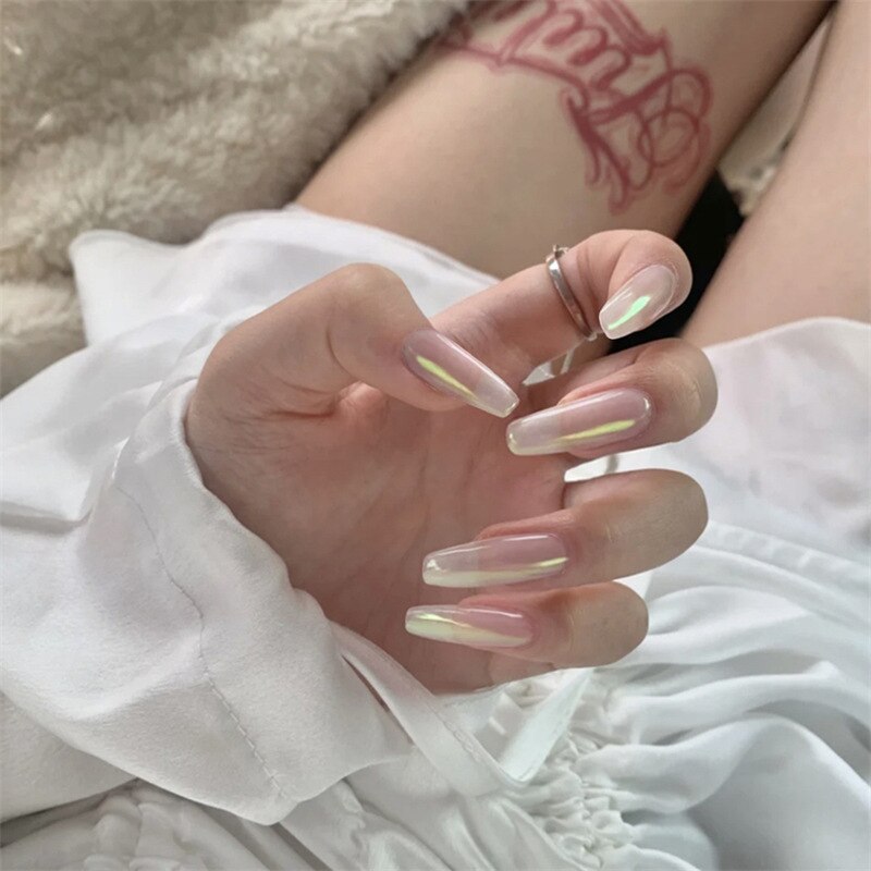 24pcs/Box Long Coffin False Nails Art Rose with Glue Wearable Nude Pink White Color Jelly Nails Tips Full Cover Press On Nails