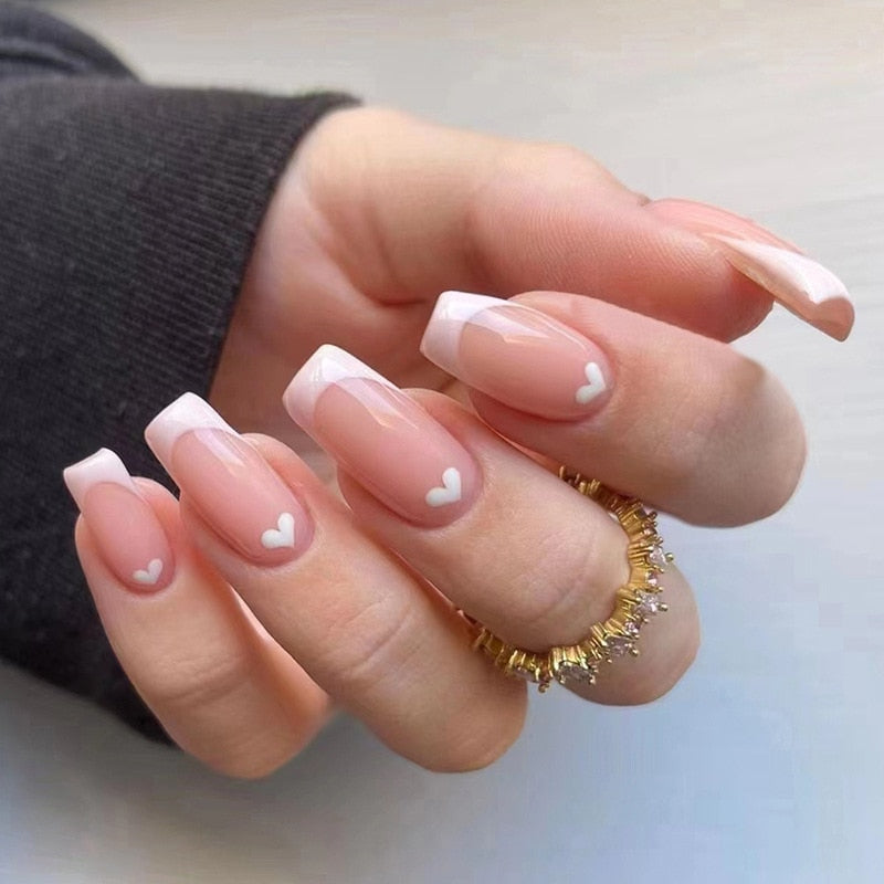 24pcs Nude milky French false nails with glue white nail tips full cover artificial nails with pearl heart wearable jelly nails