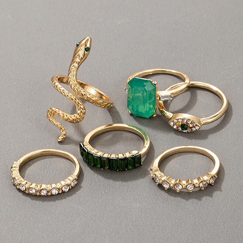 6pcs/set Luxury Green Rhinestone Rings for Women Vintage Crystal Snake Adjustable Metal Ring Set Jewelry