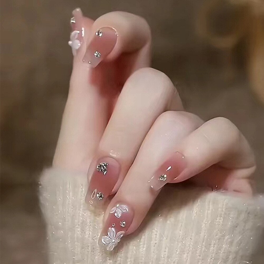 24Pcs Ballerina Long Square Nail Tips False Nails Wearable Fake Nails Butterfly Camellia Flower Pearl Design Press on Nails