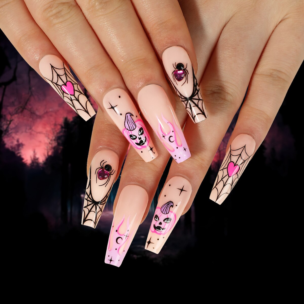 24Pcs Halloween False Nails Long Ballet Fake Nails with Ghost Cobweb Design Pink French Coffin Full Cover Press on Nail Tips