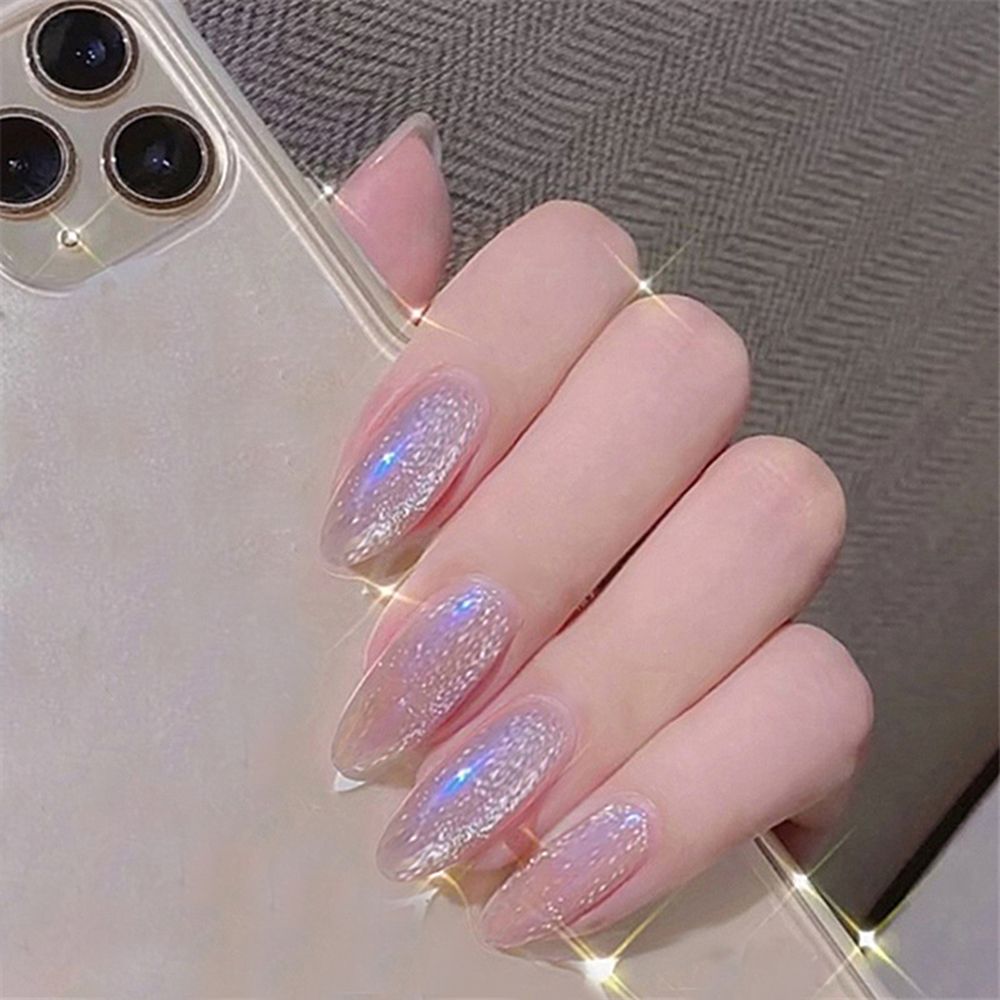 24Pcs/Box Cat Eye Almond False Nails with Design Detachable Wearable Round Head Fake Nails Full Cover Nail Tips Press On Nails