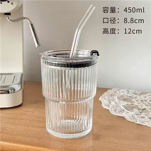 450ml Simple Stripe Coffee Glass Cup With Lid and Straw Transparent Bubble Tea Cup Juice Glass Milk Mocha Cups Breakfast Mug