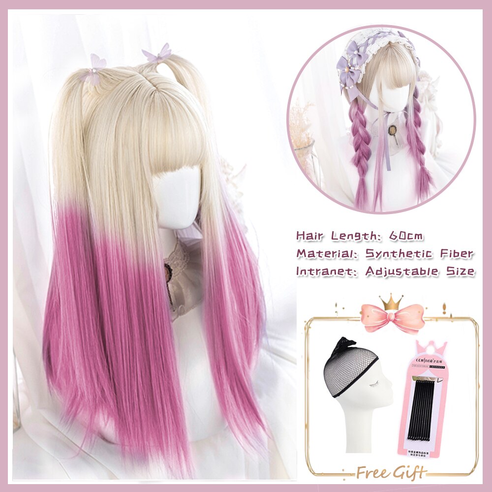 Cosplay Purple Blue High Gloss Bangs Synthetic Long Curly Hair Wig Lolita Women Heat-resistant Wig