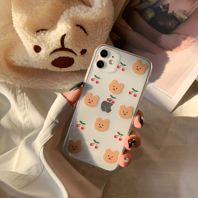 Retro cherry bear letters couples cute Phone case for iPhone 13 12 11 Pro XS MAX XR case silicone cover For iPhone 7 8 Plus Case