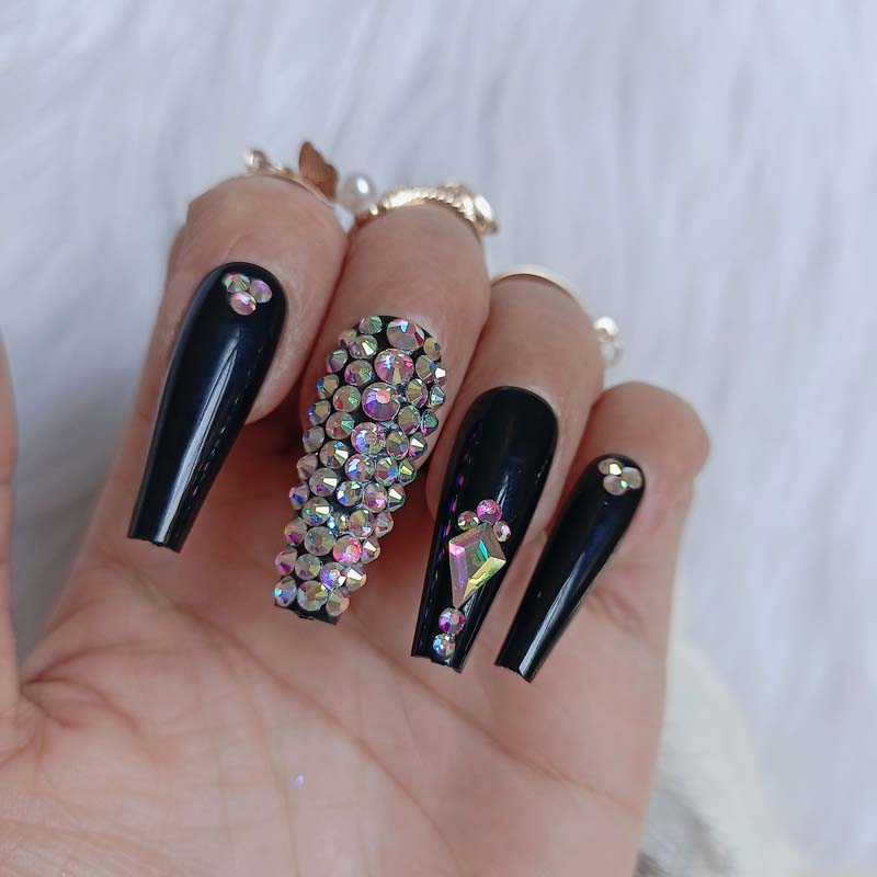 24pcs luxury jewelry ballet coffin fake nails crystal diamond black