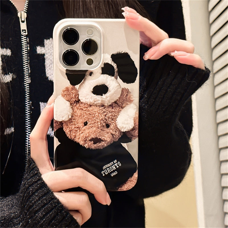 Korean Cute Bear Dog Couple Phone Case For iPhone 15 14 13 12 11 Pro Max Mini X XR 7 8 Plus SE 3 Glossy Shockproof Soft Cover