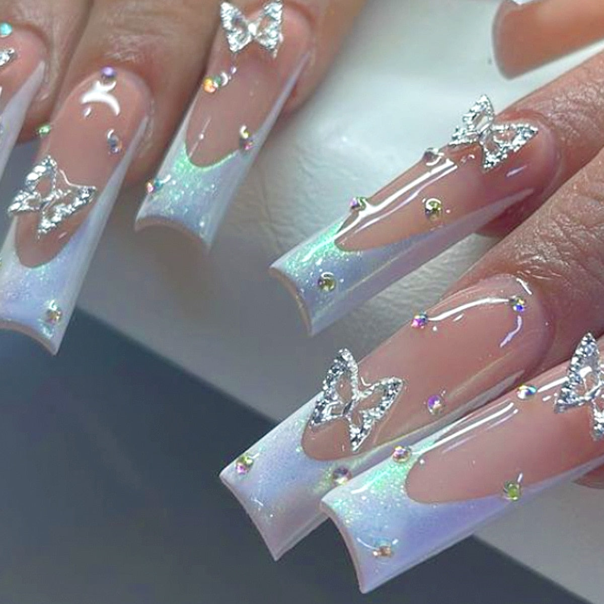 24Pcs Full Cover False Nails with Glue Long Square Coffin Fake Nails French Detachable Ballet Love Pattern Design Press on Nails