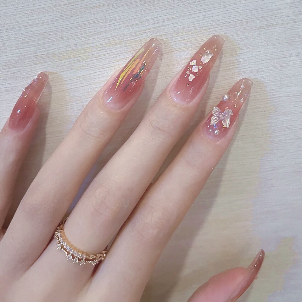 24pcs Wearable korean press on nails short ballet Artificial Nails with glue Cute sweet cool Pearl diamond Designs Fake Nails