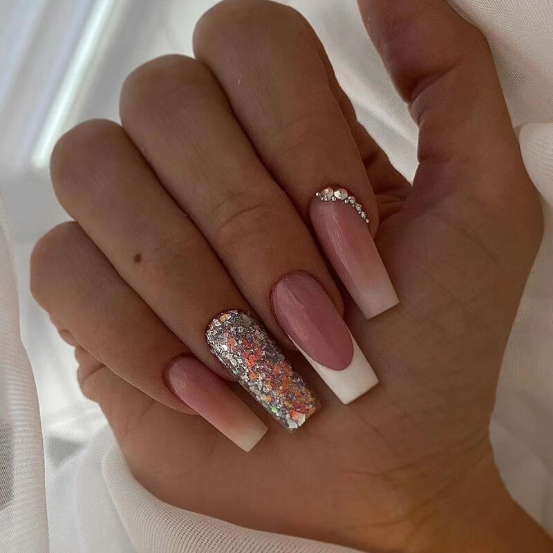 24Pcs White Long Coffin False Nails Glitter Ballet Wearable with French Design Fake nails Full Press on Nail Ins Nail Tips Art