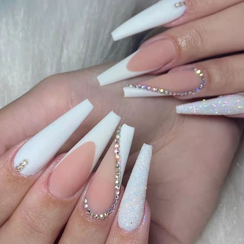 24pcs False Nails with glue flower design Long Coffin French Ballerina Fake Nails Full Cover acrylic Nail Tips Press On Nails