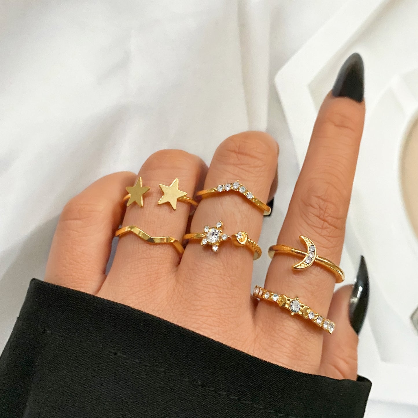 Bohemian Midi Knuckle Ring Set For Women Crystal Stars Moon Flower Love Crescent Geometric Coin Snake Finger Vintage Jewelry